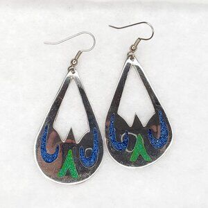 Vintage Alpaca Earrings Dangle Silver Tone Geometric Teardrop Blue Green